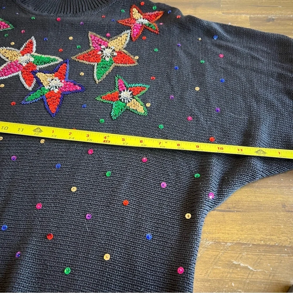Vintage Beaded Sequin Holiday Sweater Stars Christmas Ugly Long Line Oversized L